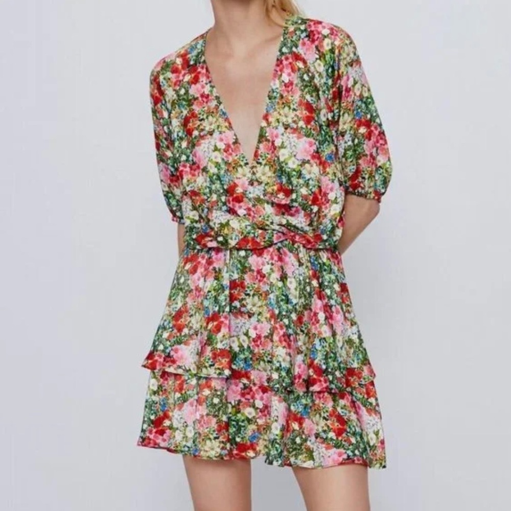 NWT ZARA Floral Print Ruffle Tiered Mini V-Neck Dress 3/4 Sleeve, Size XL